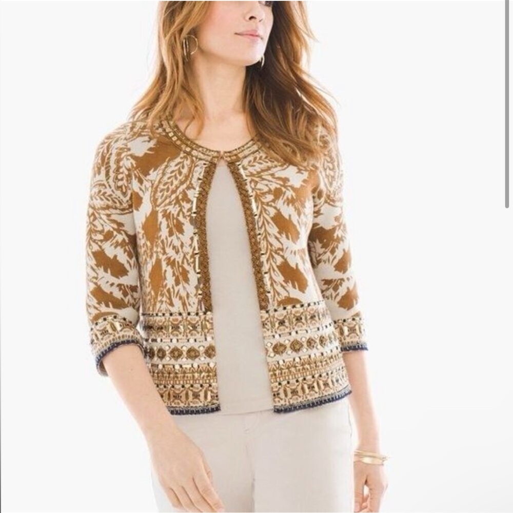 Chico's Cardigan Jacket Cotton Round Neck Printed Bronze Cream Small Sz 1